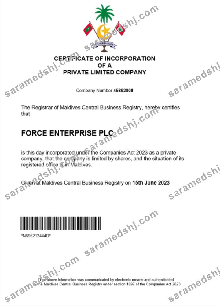 Maldives  business registration certificate Word and PDF template